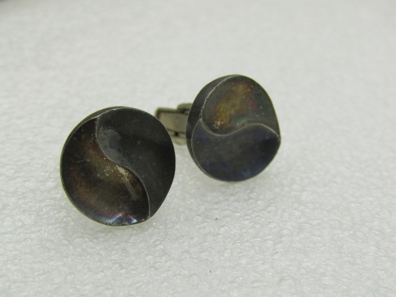 Vintage Sterling Modernist Cuff Links, Melesio Rodriguez, Taxco, yin/yang like ridged circles, 3/4' - 2