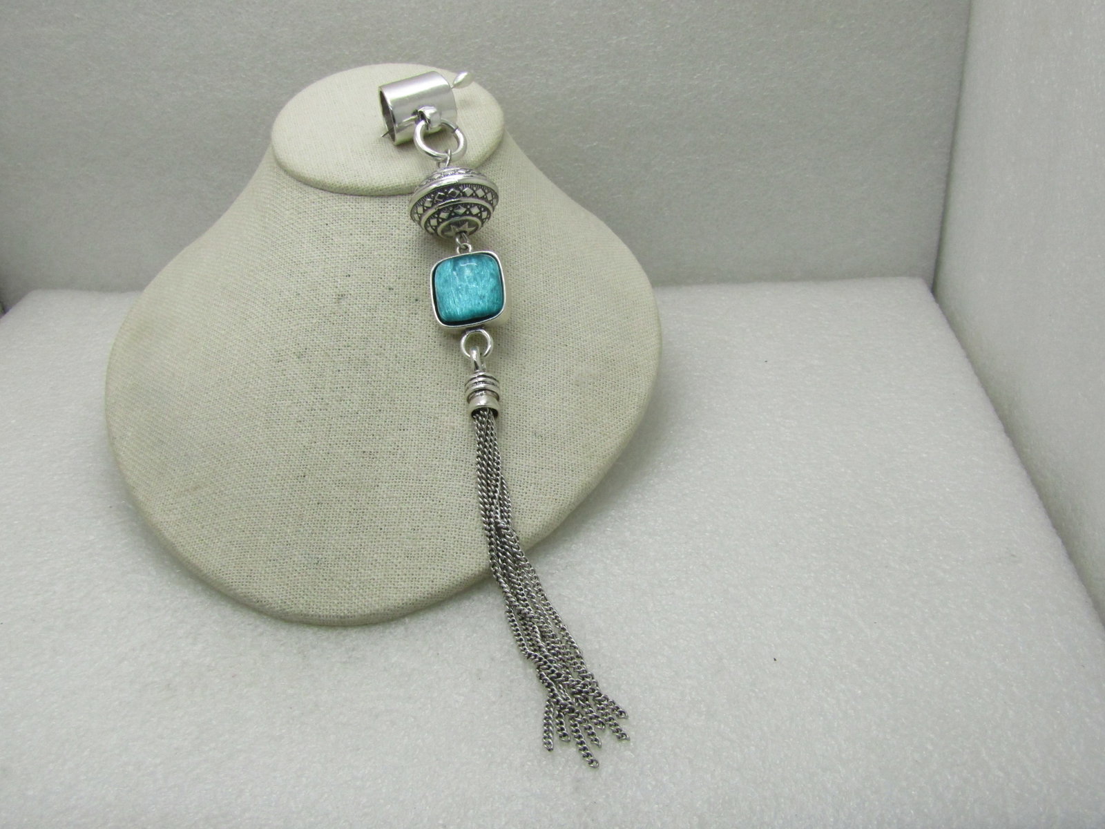 9" Tassel Runway Statement Slide, Silver Tone, Two-Sided, Yellow/Teal - 2