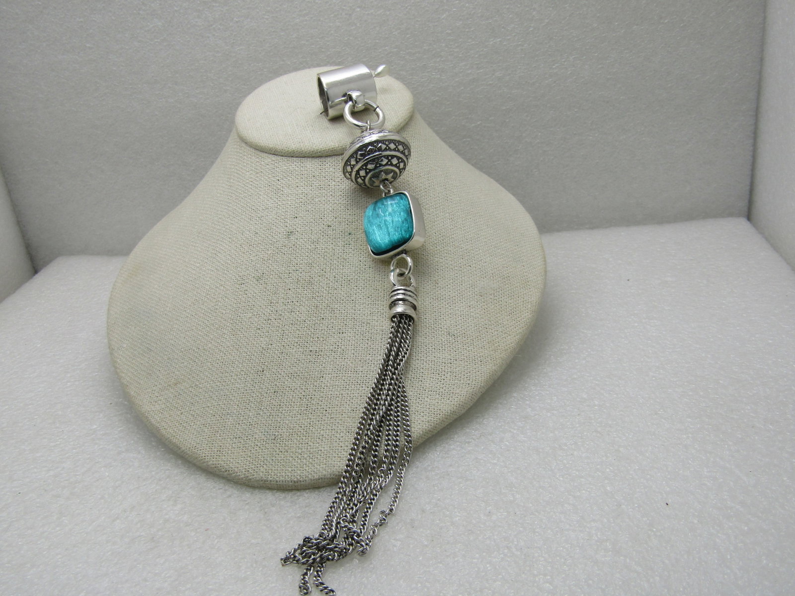 9" Tassel Runway Statement Slide, Silver Tone, Two-Sided, Yellow/Teal - 5
