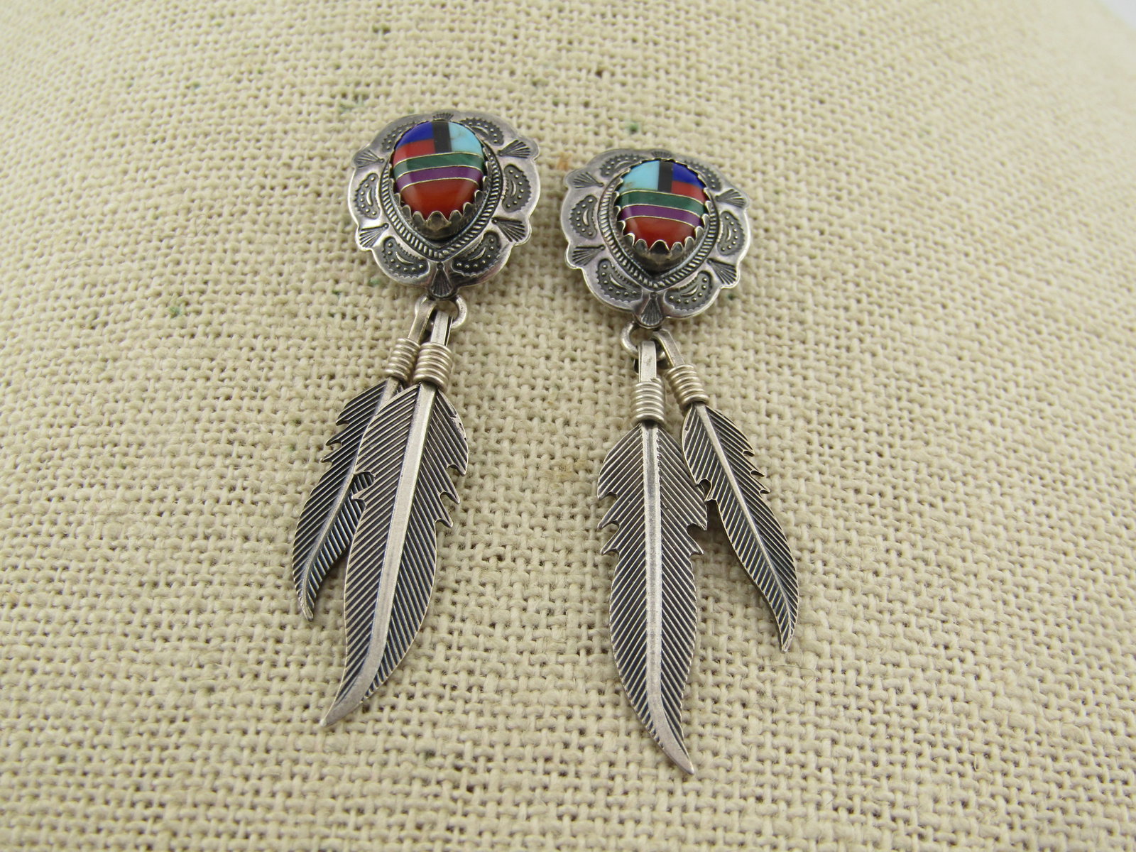 Vintage Sterling Southwestern Inlaid Drop Feather Earings, Pierced, Signed QT, 1980's-1990's: Vintage Sterling Southwestern Inlaid Drop Feather Earings, Pierced, Signed QT, 1980's-1990's. Q.T. is Quoc Turquoise, Inc, out of Albuquerque, new Mexico. They have been in business over forty years. 