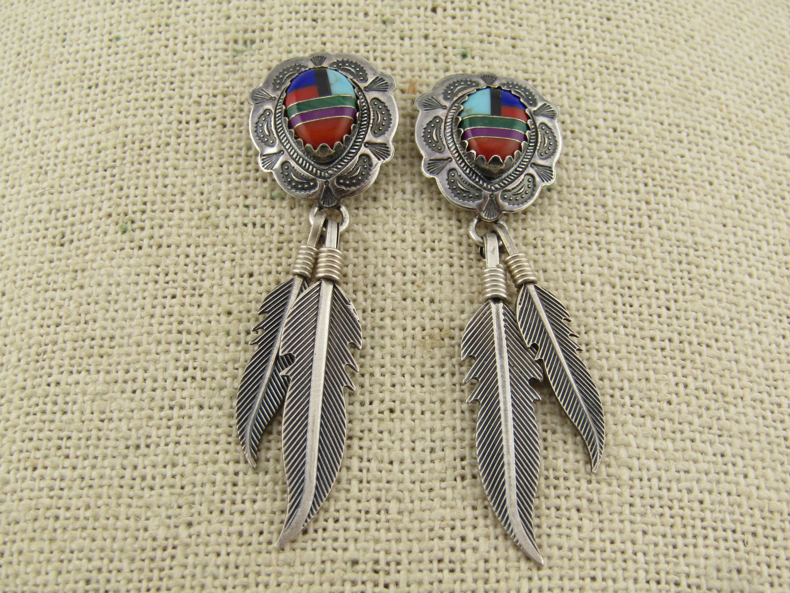 Vintage Sterling Southwestern Inlaid Drop Feather Earings, Pierced, Signed QT, 1980's-1990's - 2