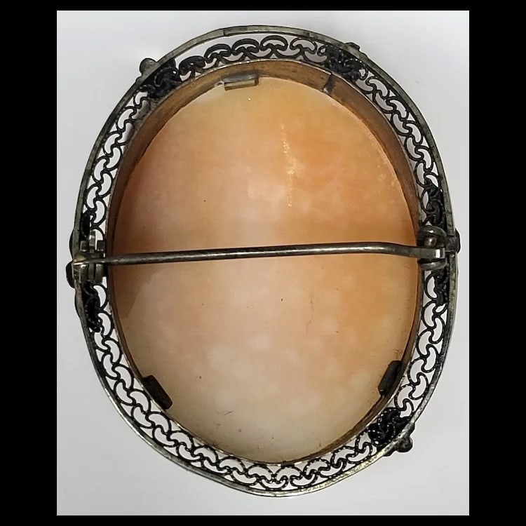 Large Vintage Hand-Carved Shell Cameo Filigree Brooch - 3