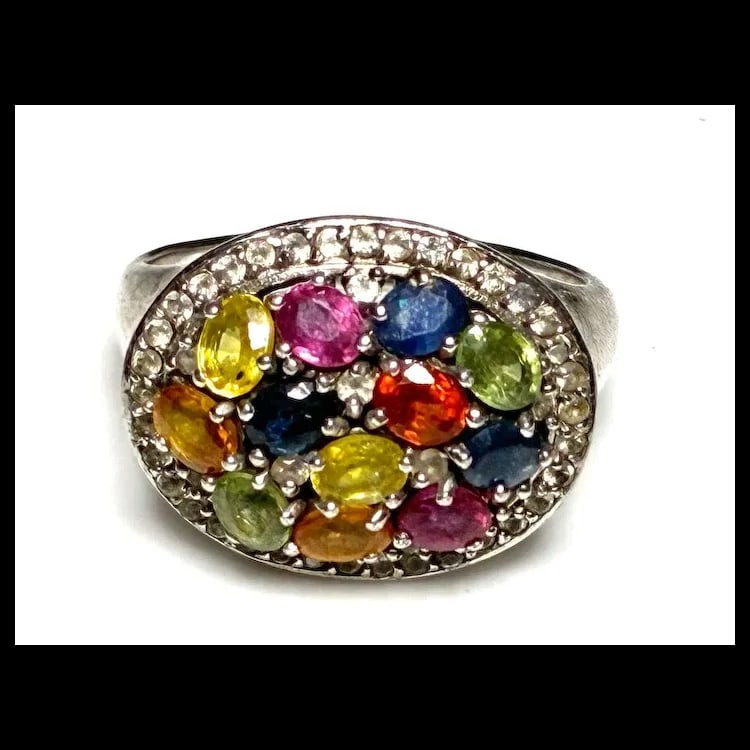 Estate Sterling Silver Multi Color Tourmaline Cluster Statement Ring - 2