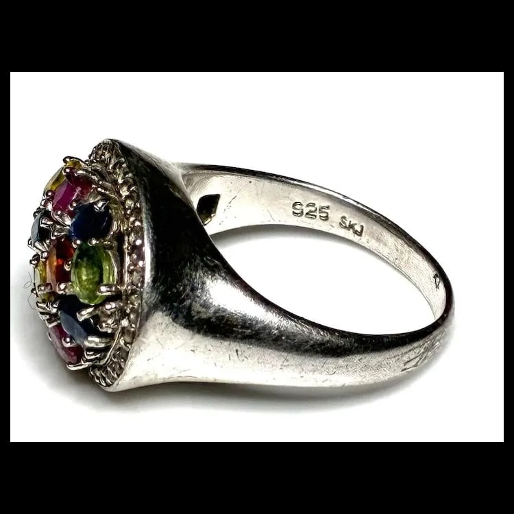 Estate Sterling Silver Multi Color Tourmaline Cluster Statement Ring - 5