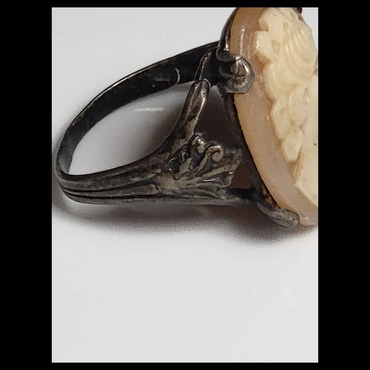 Vintage Hand-Carved Shell Cameo Pendant Ring Hllmarked STER - 4