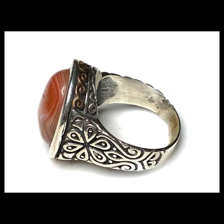 Estate Handcrafted Sterling Silver Natural Agate Stone Ring - 3