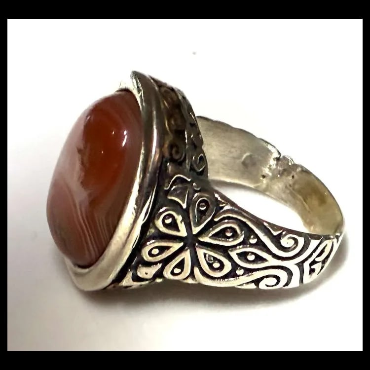 Estate Handcrafted Sterling Silver Natural Agate Stone Ring - 4