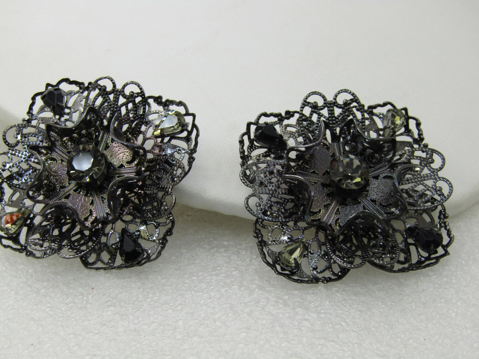 Pair Black Metal Filigree Rhinestone Brooches, Square, Smoky Stones, 1.75" (1 of 6)
