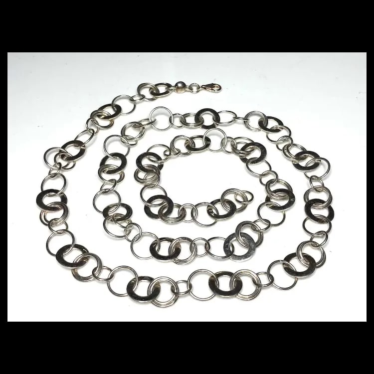Vintage Sterling Silver Circle Link Extra Long Necklace - 2