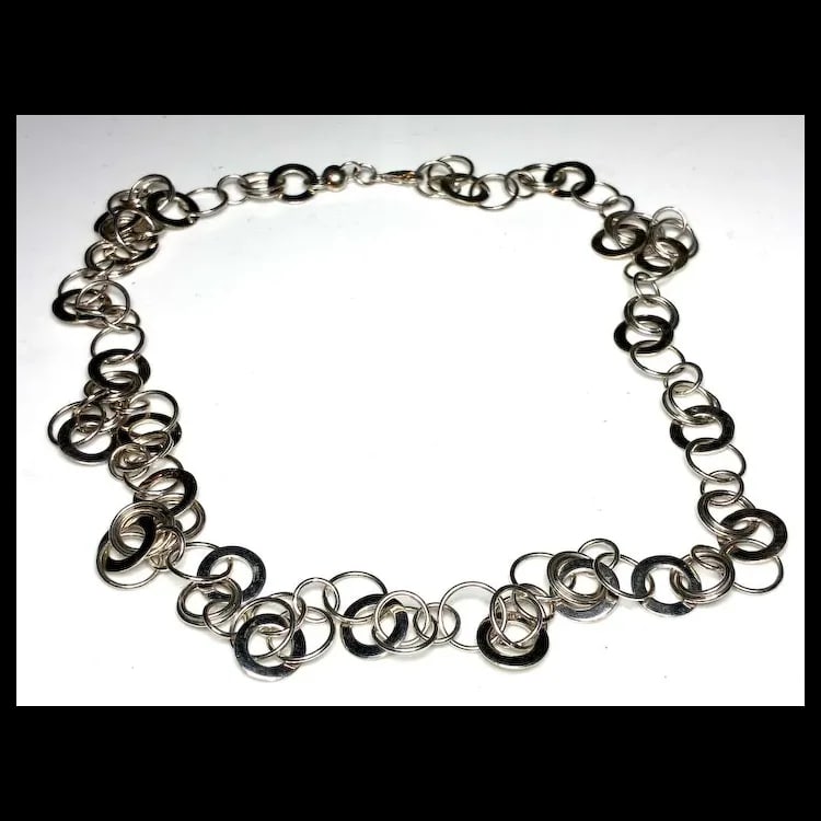 Vintage Sterling Silver Circle Link Extra Long Necklace - 4