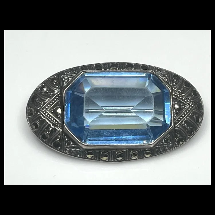 Vintage Art Deco Sterling Silver, Marcasite, and Blue Crystal Brooch-Germany - 2