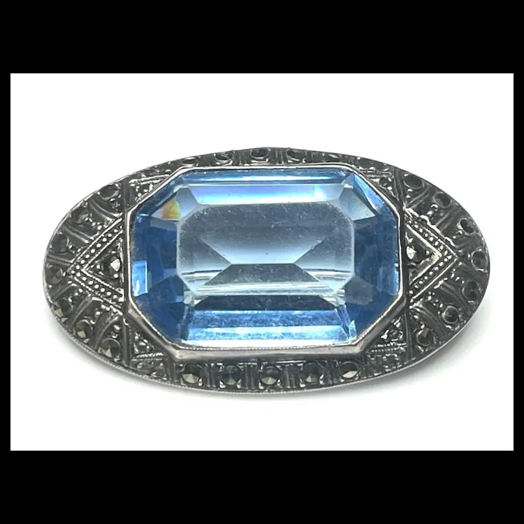 Vintage Art Deco Sterling Silver, Marcasite, and Blue Crystal Brooch-Germany - 3