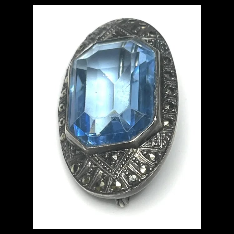 Vintage Art Deco Sterling Silver, Marcasite, and Blue Crystal Brooch-Germany - 4