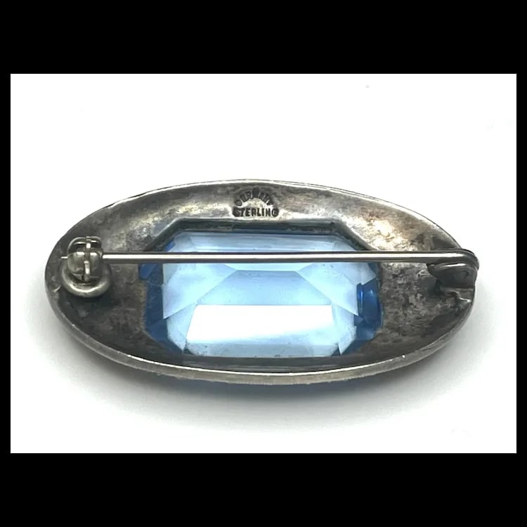 Vintage Art Deco Sterling Silver, Marcasite, and Blue Crystal Brooch-Germany - 5