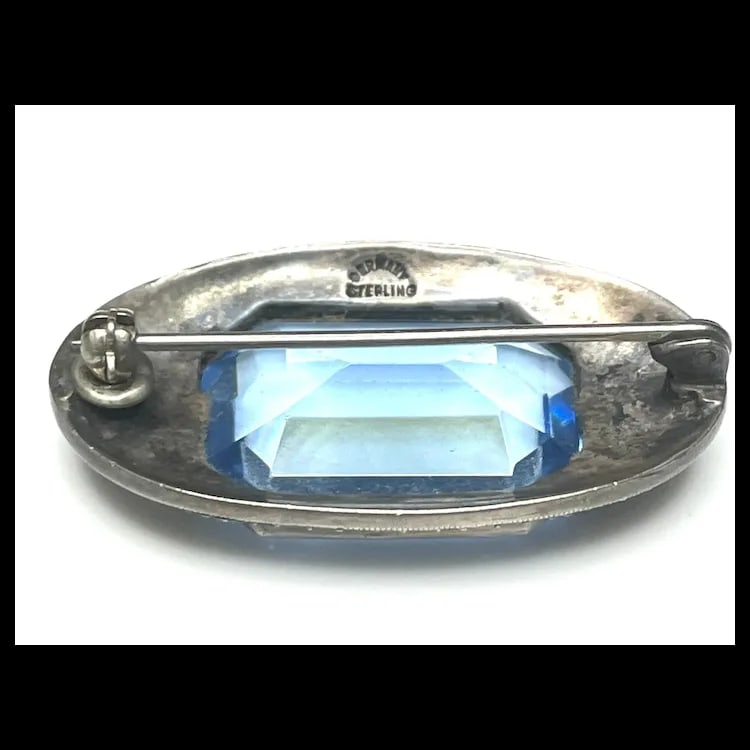 Vintage Art Deco Sterling Silver, Marcasite, and Blue Crystal Brooch-Germany - 6