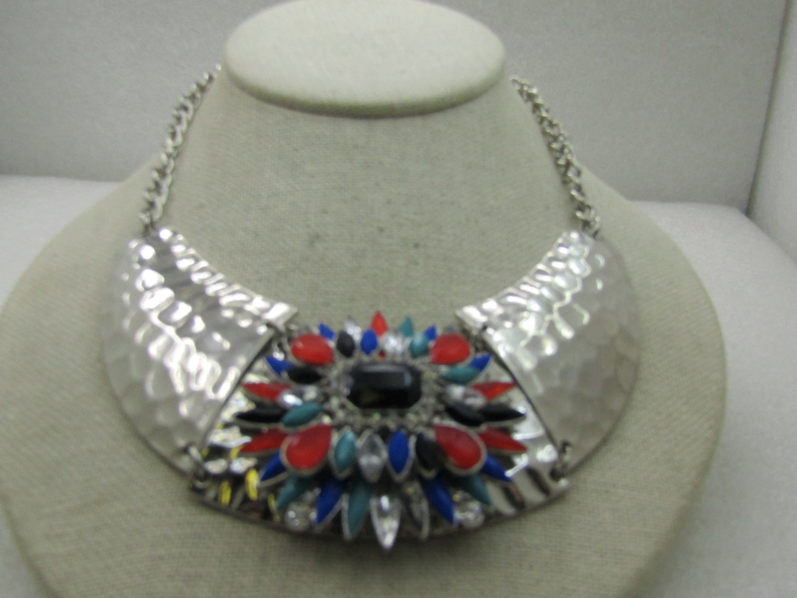 Vintage Hammered Rhinestone Tiered Necklace, 21", Silver Tone (1 of 7)