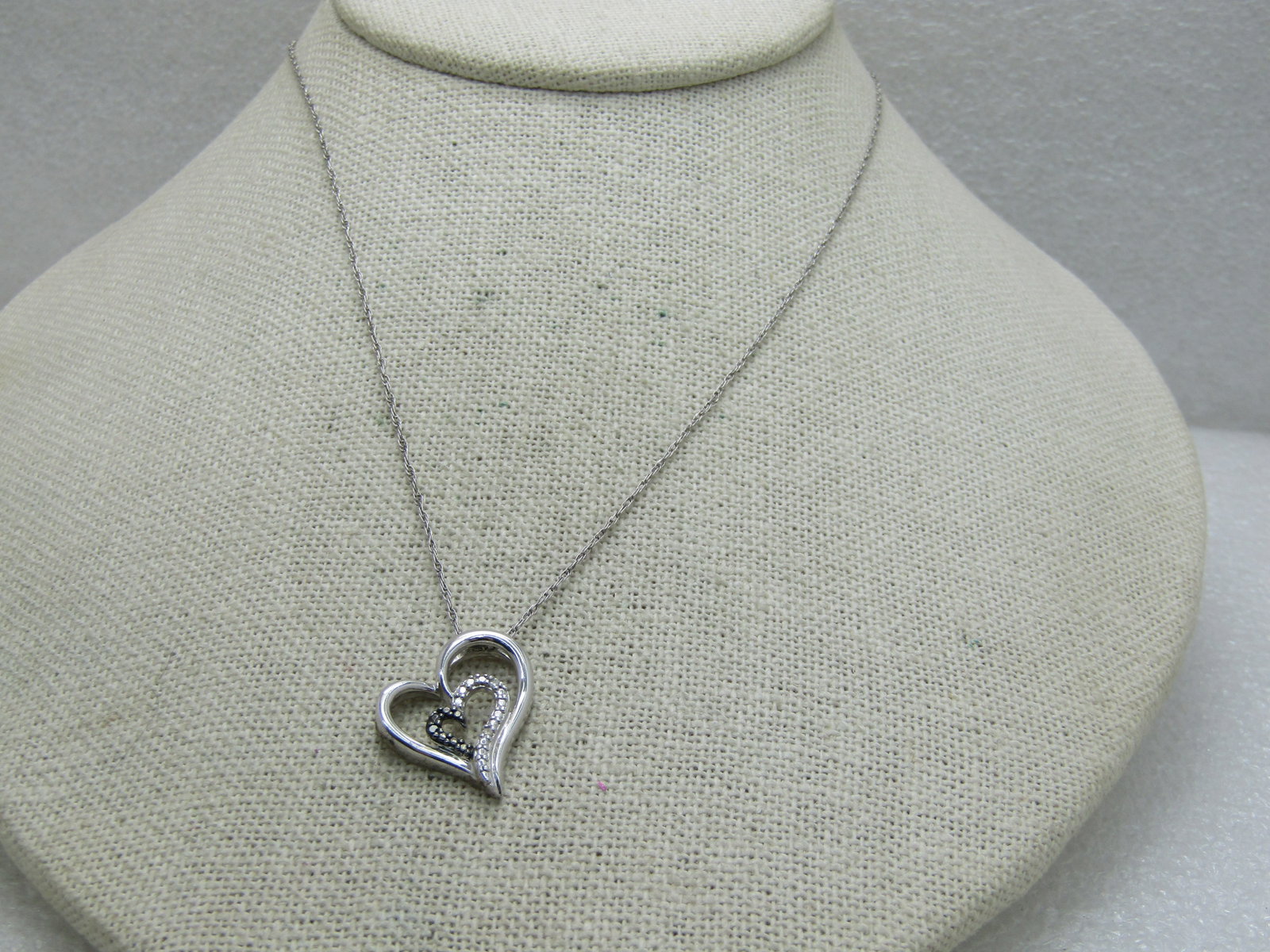 Vintage Sterling Silver Heart Necklace, Illusion Setting, 20" - 2