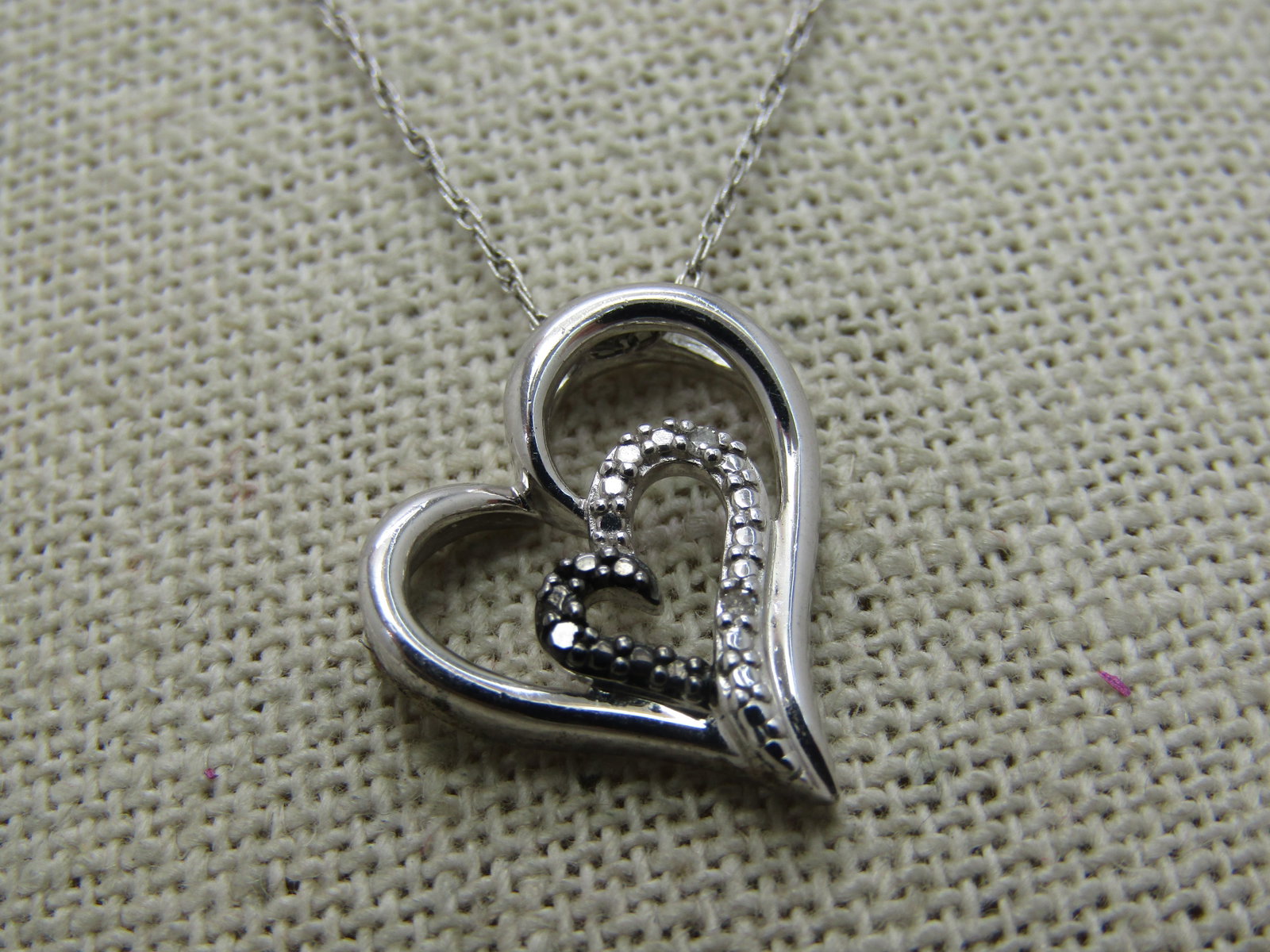 Vintage Sterling Silver Heart Necklace, Illusion Setting, 20" - 3