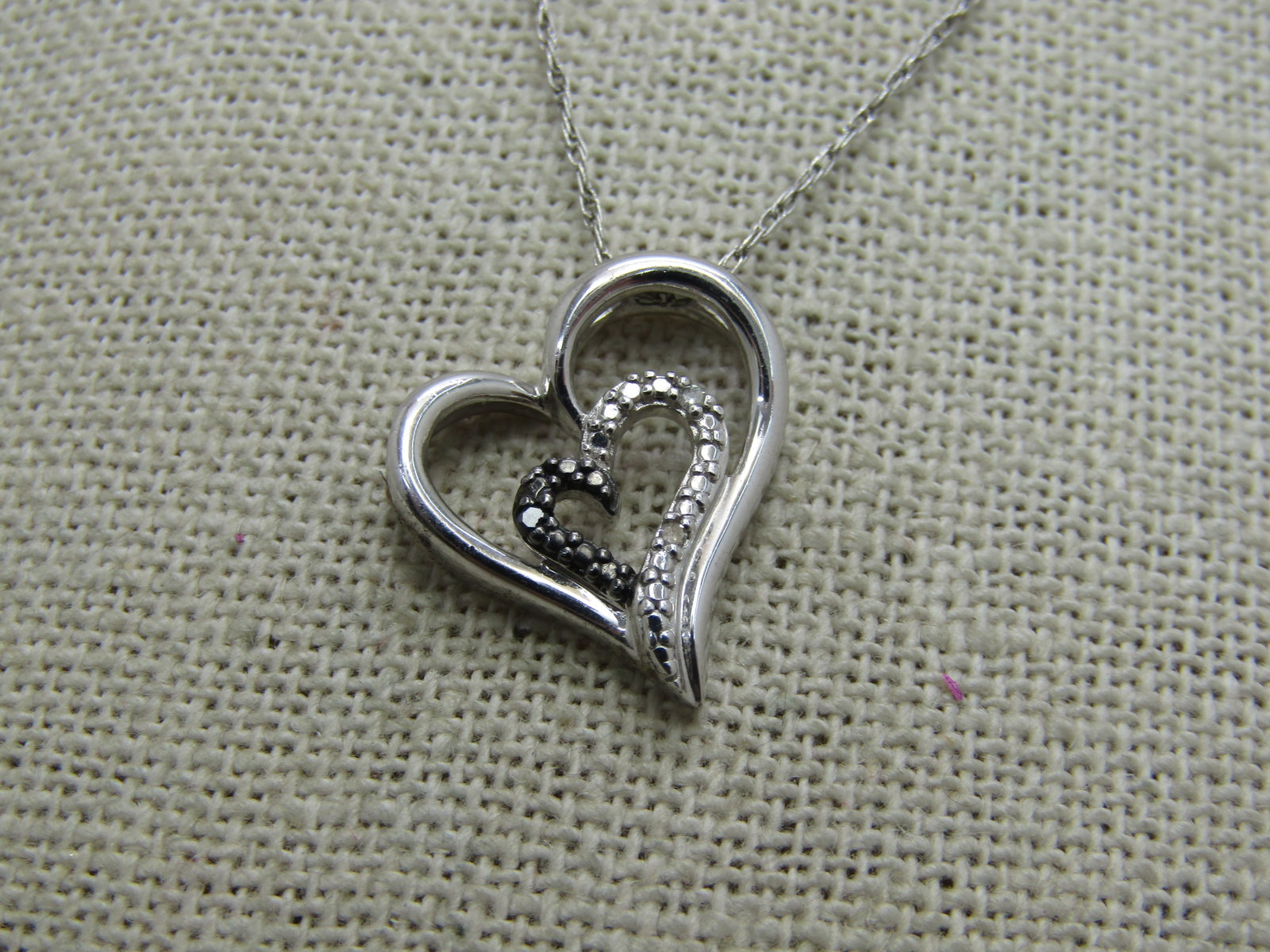 Vintage Sterling Silver Heart Necklace, Illusion Setting, 20" - 4