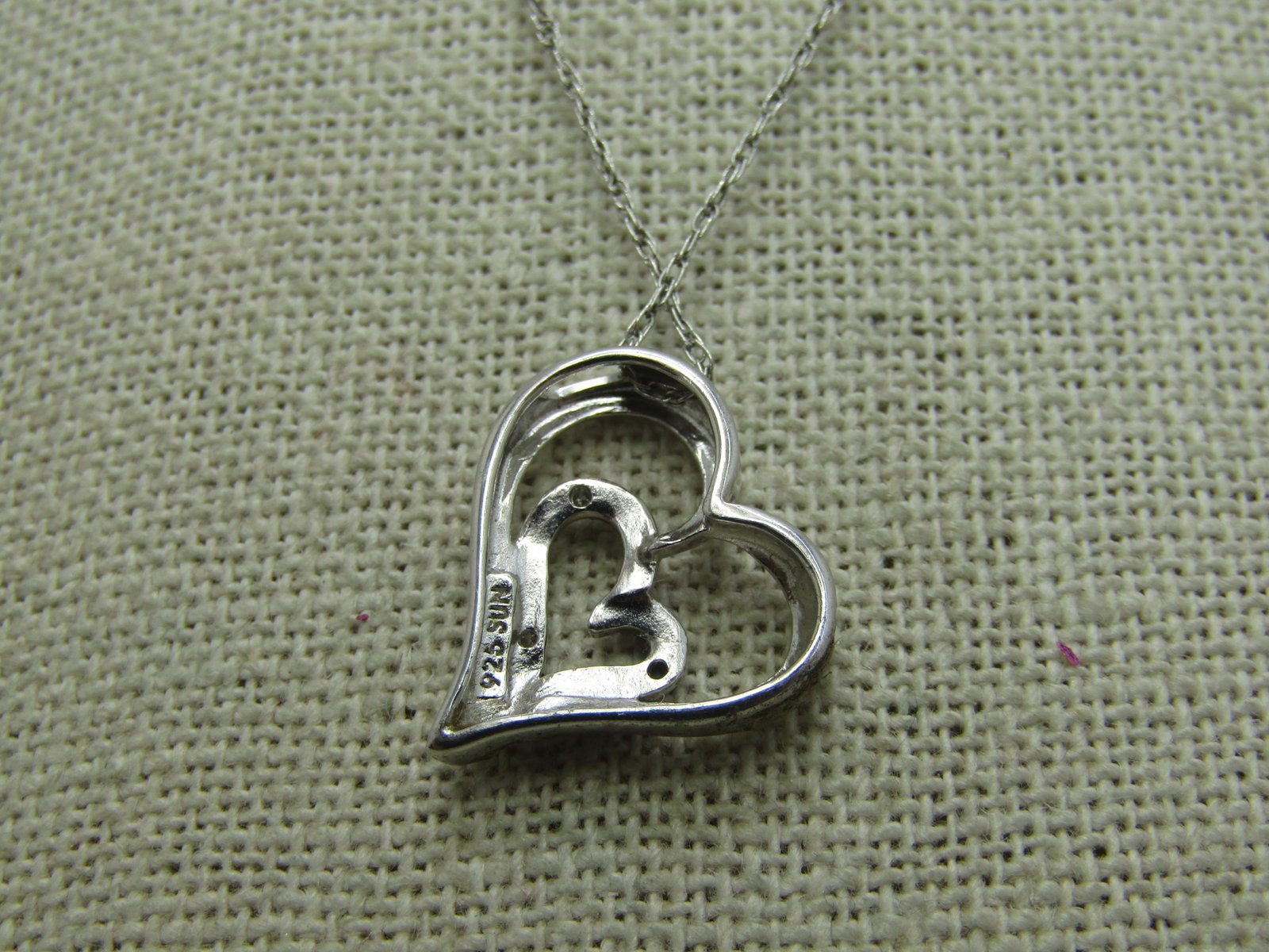 Vintage Sterling Silver Heart Necklace, Illusion Setting, 20" - 5