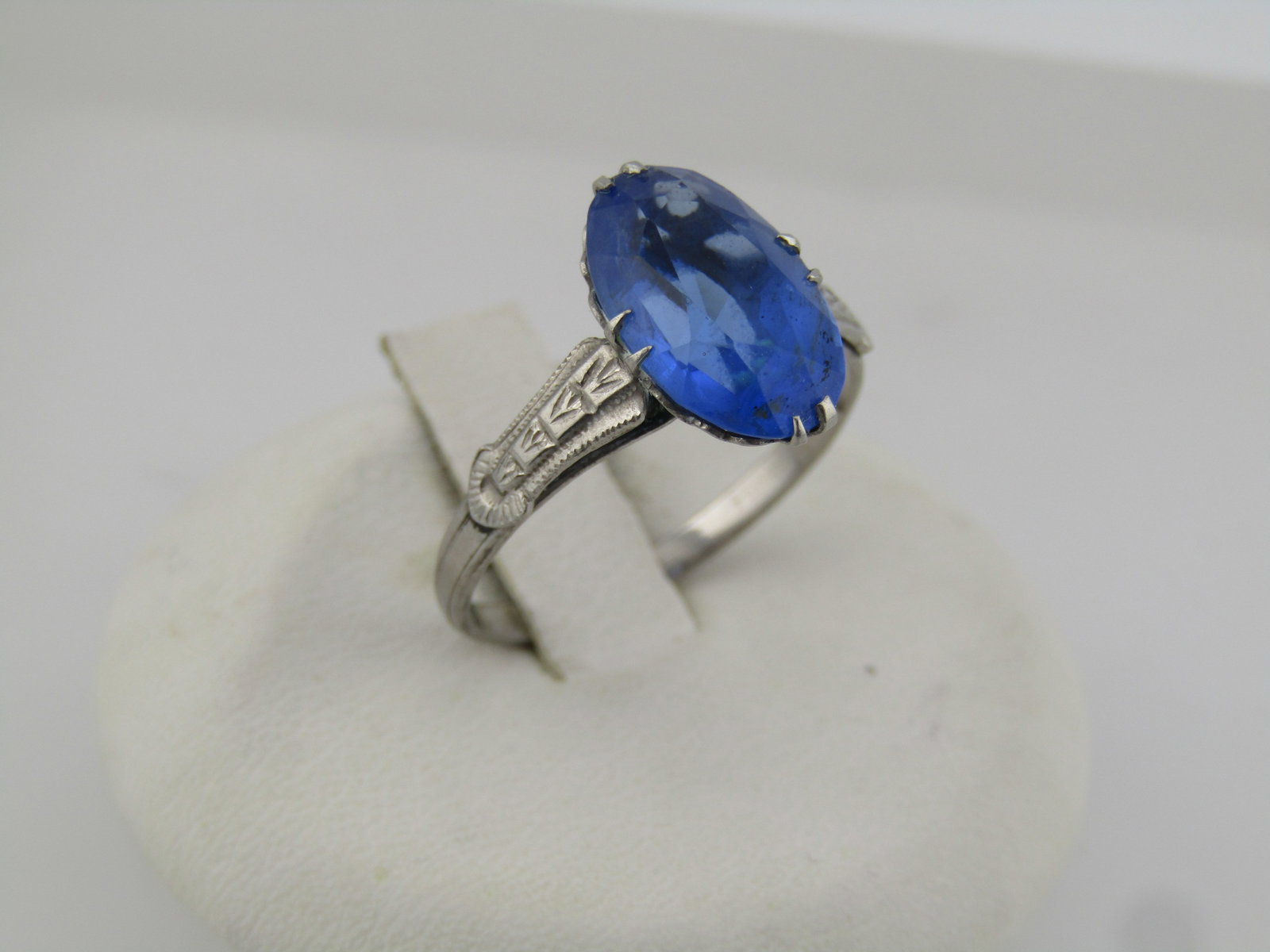 Vintage Art Deco Costume Blue Stone Ring, Sz. 7.5, Signed SPM, 1920's-1940's - 4