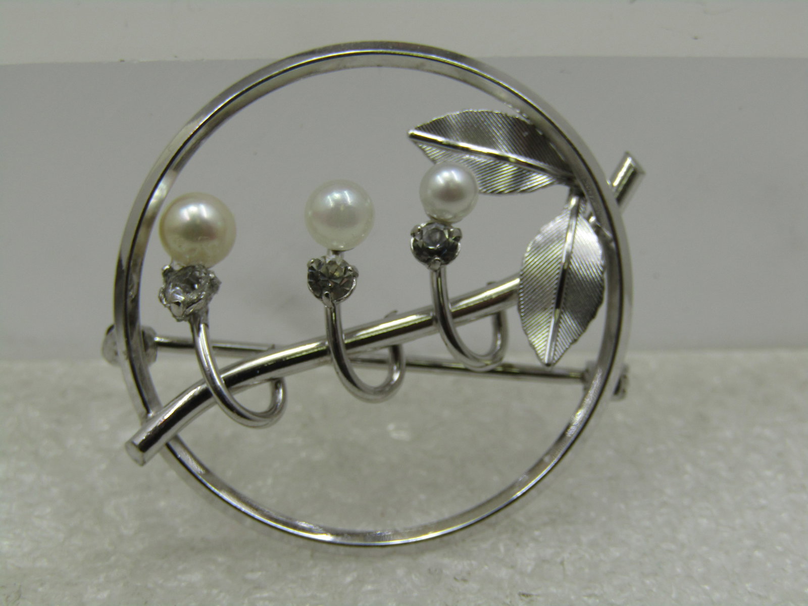 Vintage Faux Pearl & Rhinestone Draped Circle Brooch, Signed Krementz, 1960's - 2