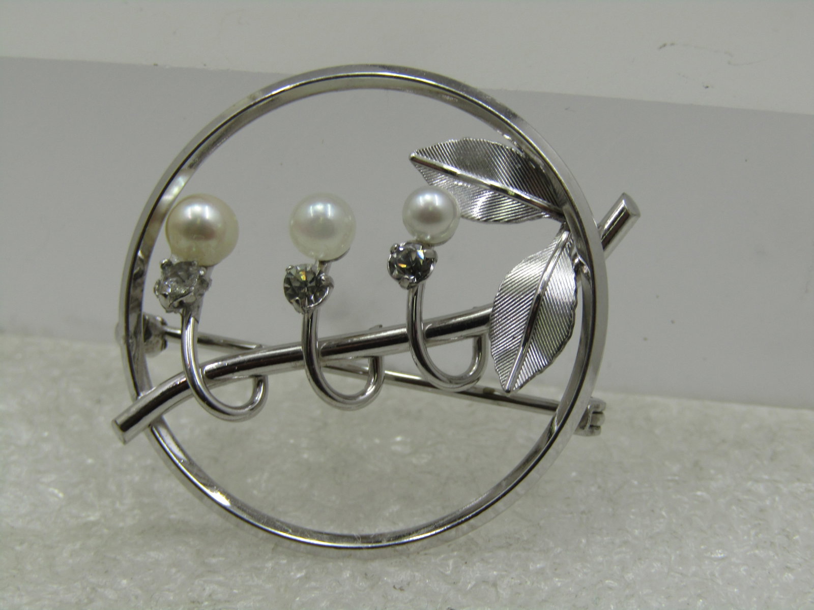Vintage Faux Pearl & Rhinestone Draped Circle Brooch, Signed Krementz, 1960's - 3