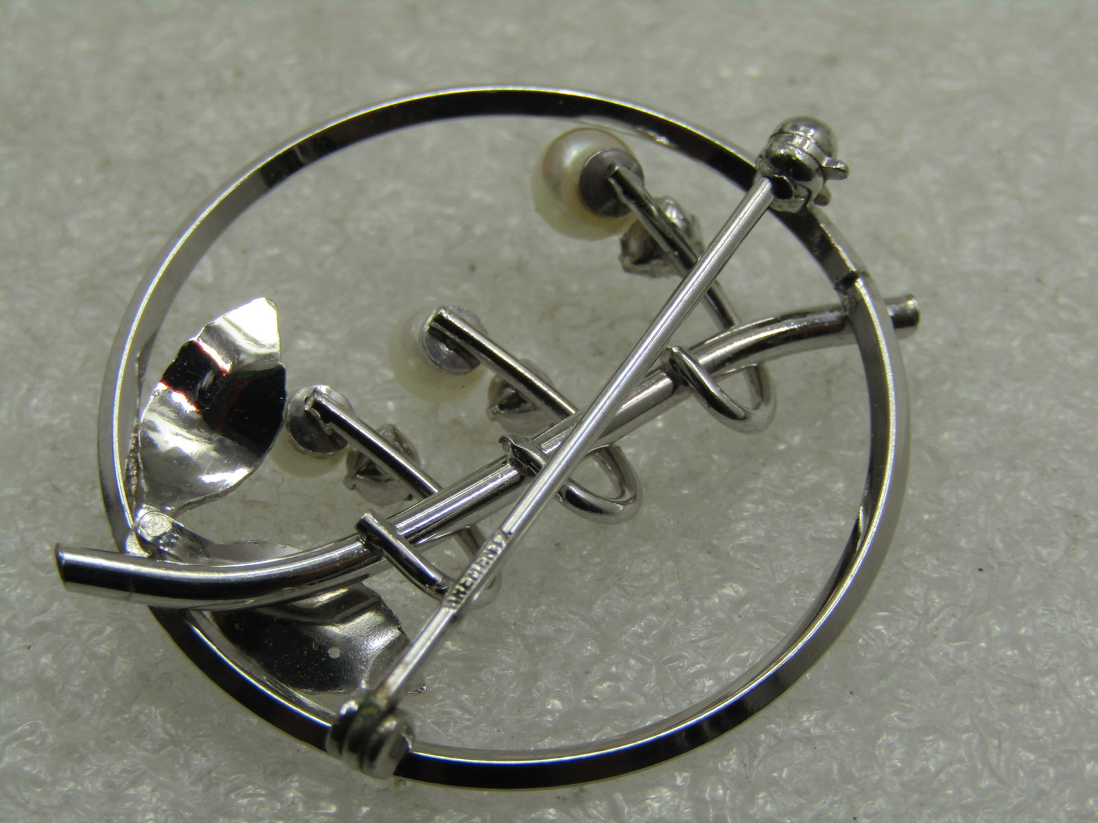 Vintage Faux Pearl & Rhinestone Draped Circle Brooch, Signed Krementz, 1960's - 4