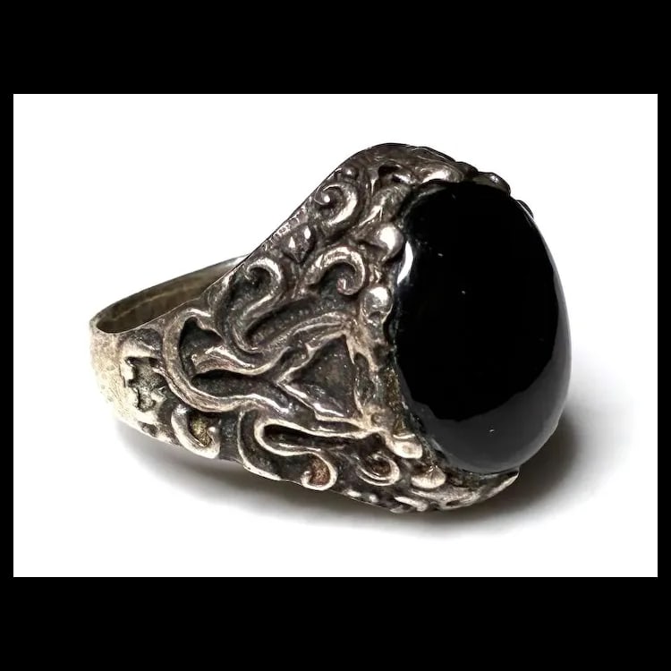 Estate Black Onyx Gemstone Sterling Silver Ring - 5