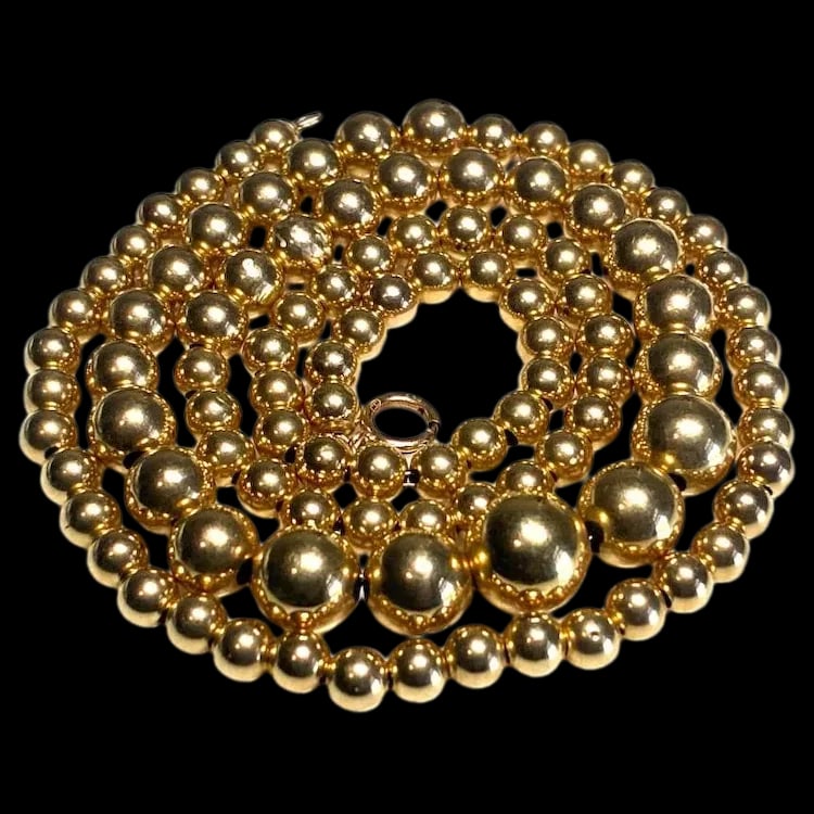 Estate 14k Gold Ball and Chain Necklace: Title: Estate 14k Gold Ball and Chain Necklace Description: Estate 14k Gold Ball and Chain Necklace. Hallmarked: 14k CC. Weighs: 4 grams. Measures: 17.5 inches length Date/Period: Estate Materials: