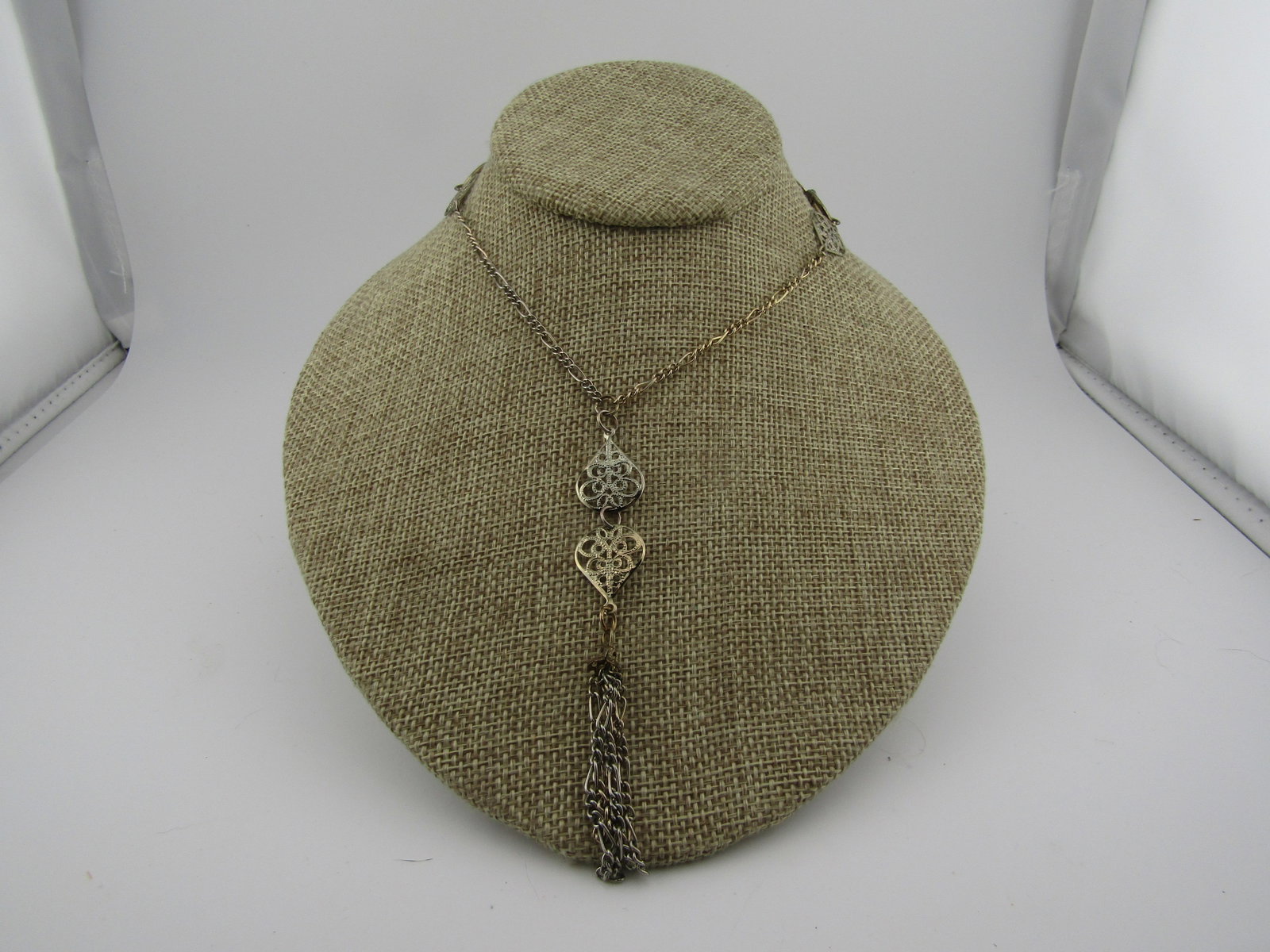 Vintage Filigree & Figaro Link Necklace, 30", Tassel Drop, 1970's-1980's: Vintage Filigree & Figaro Link Necklace, 30", Tassel Drop, 1970's-1980's. This is silver tone and 30" for the main necklace with a 3.5" tasset drop, also with filigree link chain lengths. The filigree