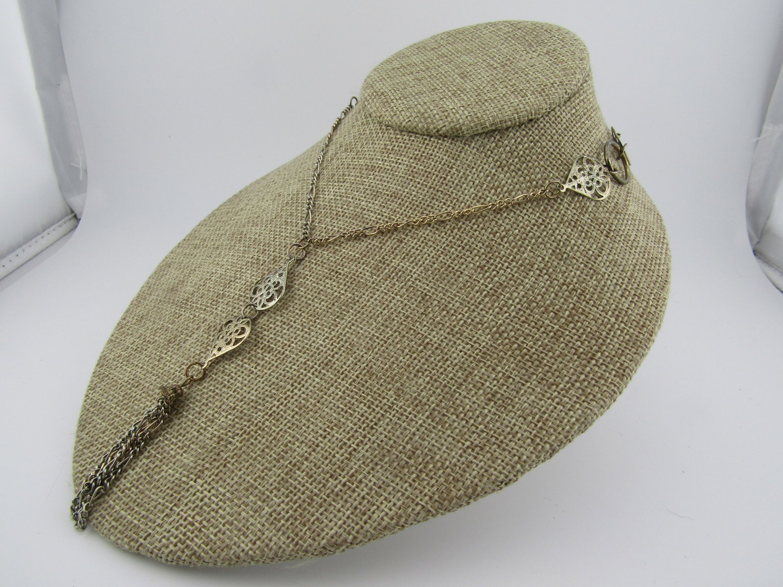 Vintage Filigree & Figaro Link Necklace, 30", Tassel Drop, 1970's-1980's - 2
