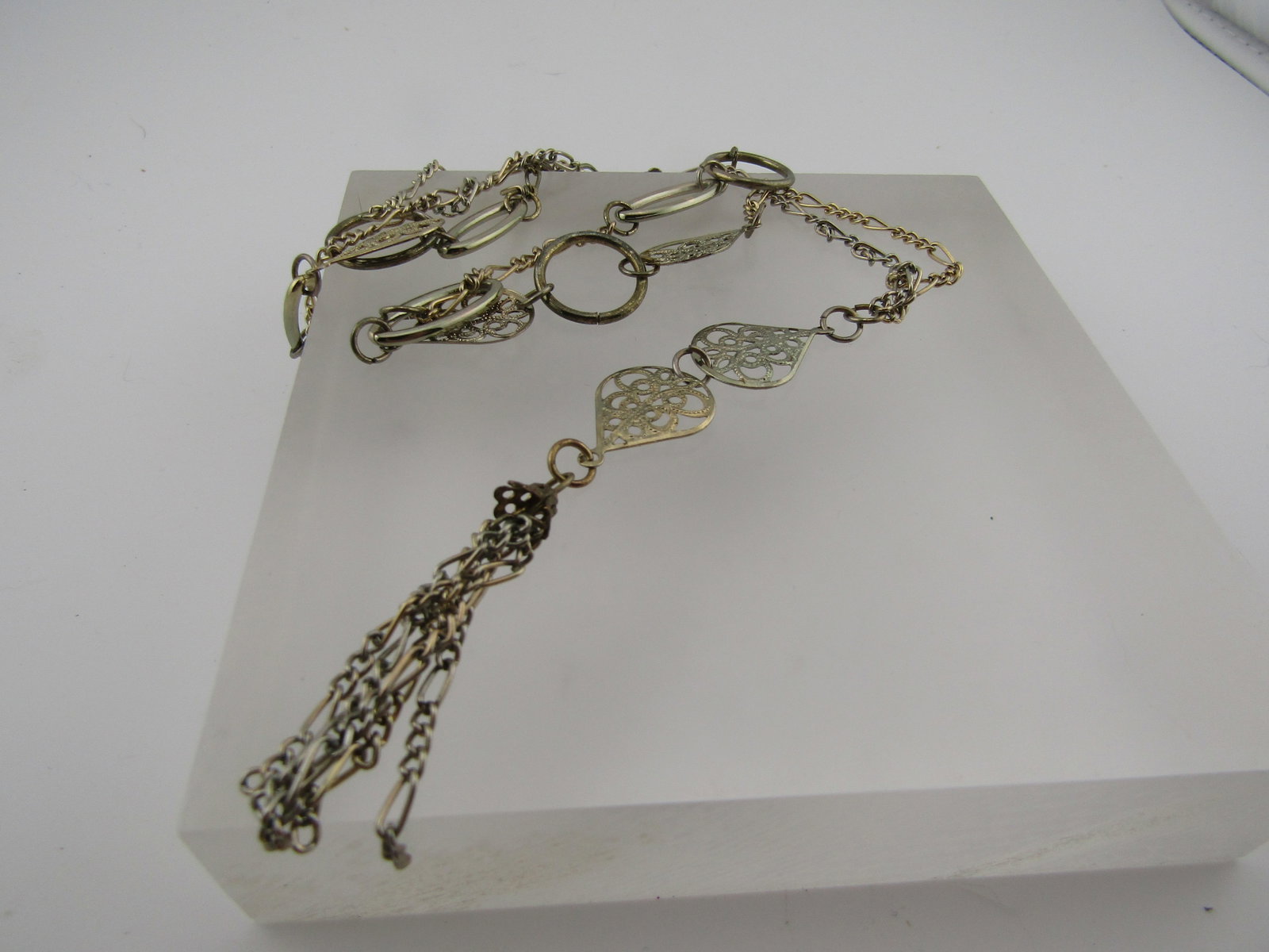 Vintage Filigree & Figaro Link Necklace, 30", Tassel Drop, 1970's-1980's - 4