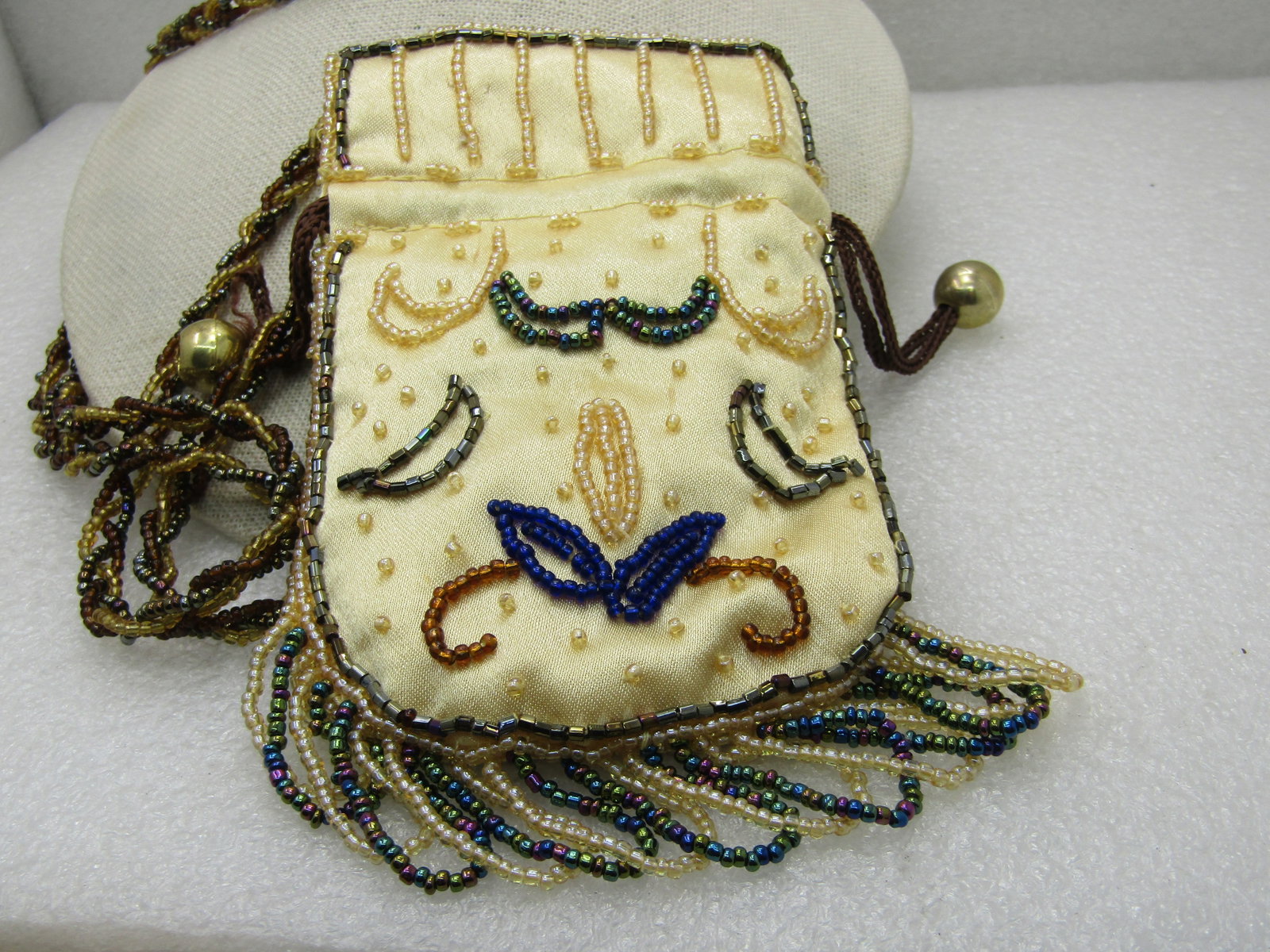 Vintage Seed Bead Silk Hippie Pouch Purse, Long Strap, 44" Boho - 2