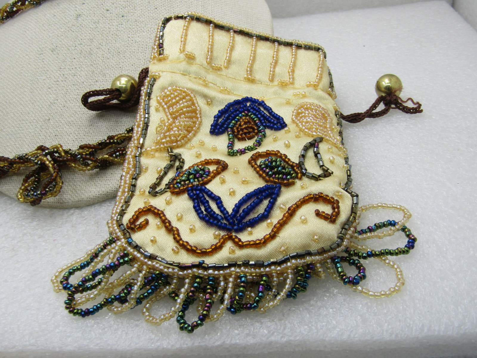 Vintage Seed Bead Silk Hippie Pouch Purse, Long Strap, 44" Boho - 5
