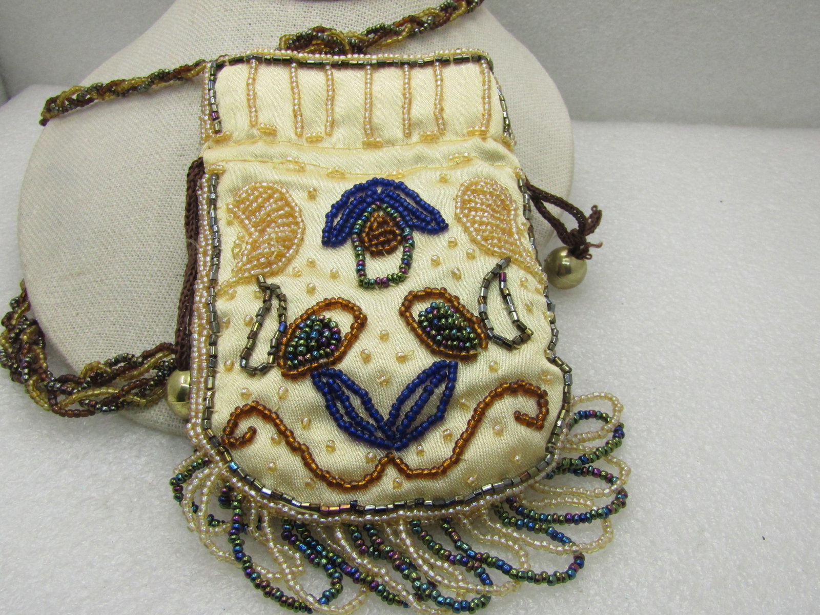 Vintage Seed Bead Silk Hippie Pouch Purse, Long Strap, 44" Boho - 6