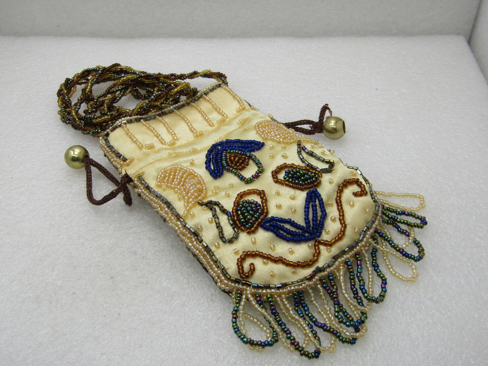 Vintage Seed Bead Silk Hippie Pouch Purse, Long Strap, 44" Boho - 7
