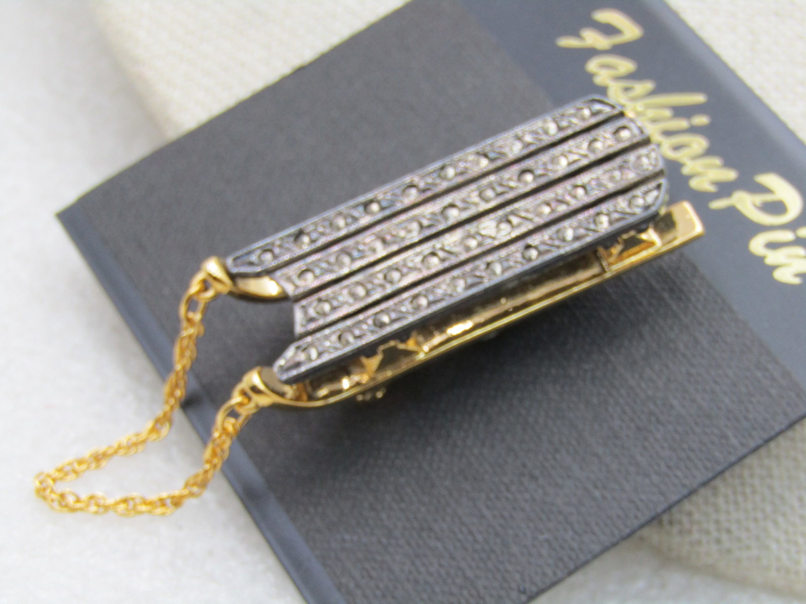 Vintage Sled with Chain Handle Brooch, Faux Marcasite (1 of 5)