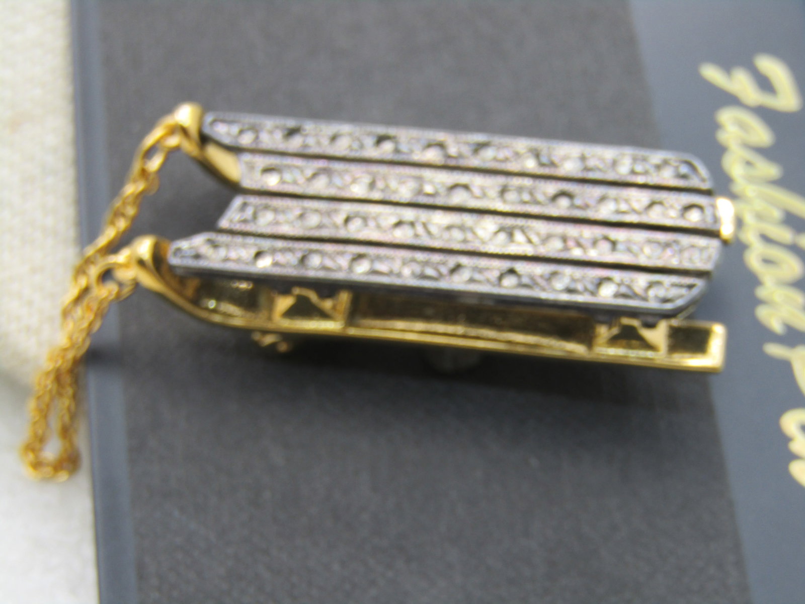 Vintage Sled with Chain Handle Brooch, Faux Marcasite - 5
