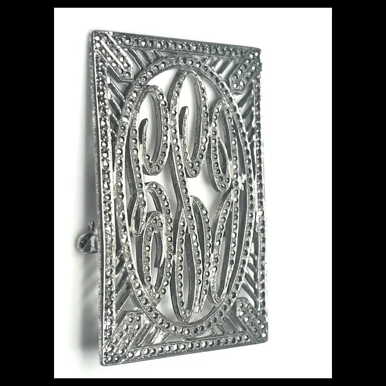 Vintage Marcasite Sterling Silver Initial Brooch - 3