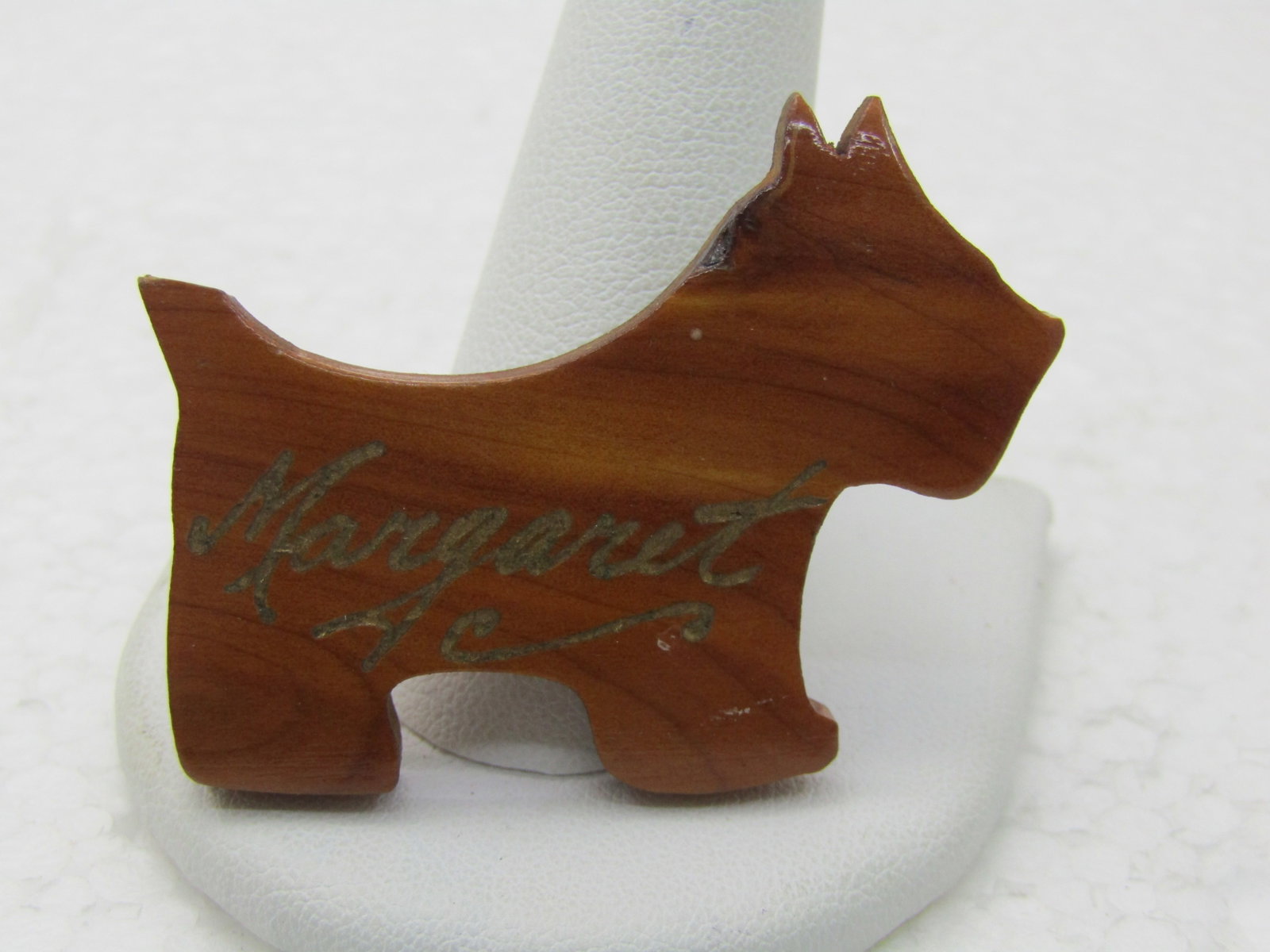 Vintage "Margaret" Wooden Scotty Dog Brooch, Name is in Gold Script. - 2