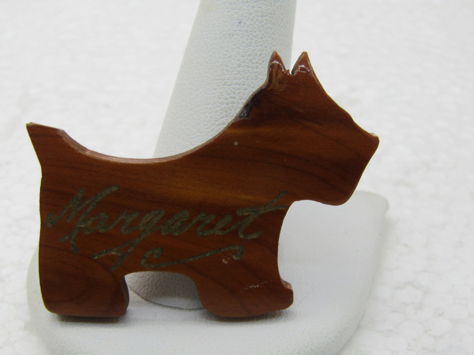 Vintage "Margaret" Wooden Scotty Dog Brooch, Name is in Gold Script. - 4