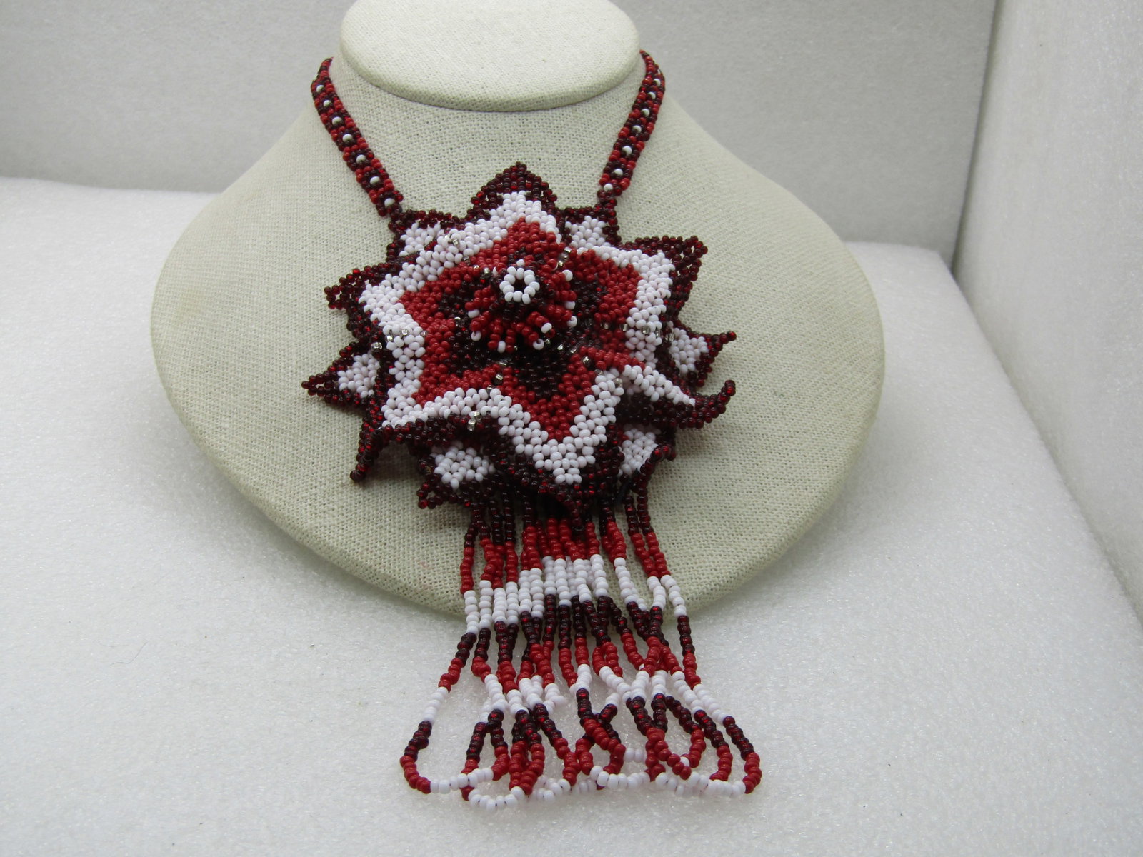 Vintage Southwestern Red & White Seed Beaded Necklace, Large Red Flower, 20" (1 of 6)