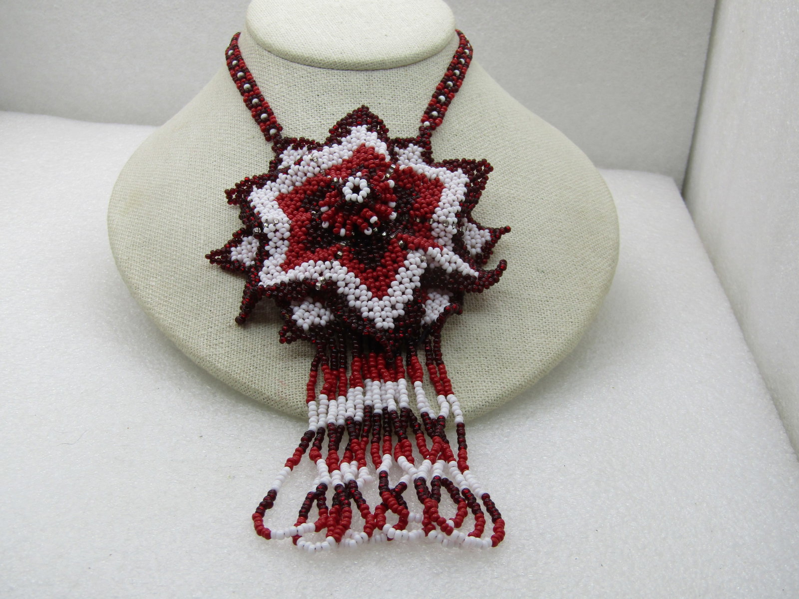 Vintage Southwestern Red & White Seed Beaded Necklace, Large Red Flower, 20" - 2