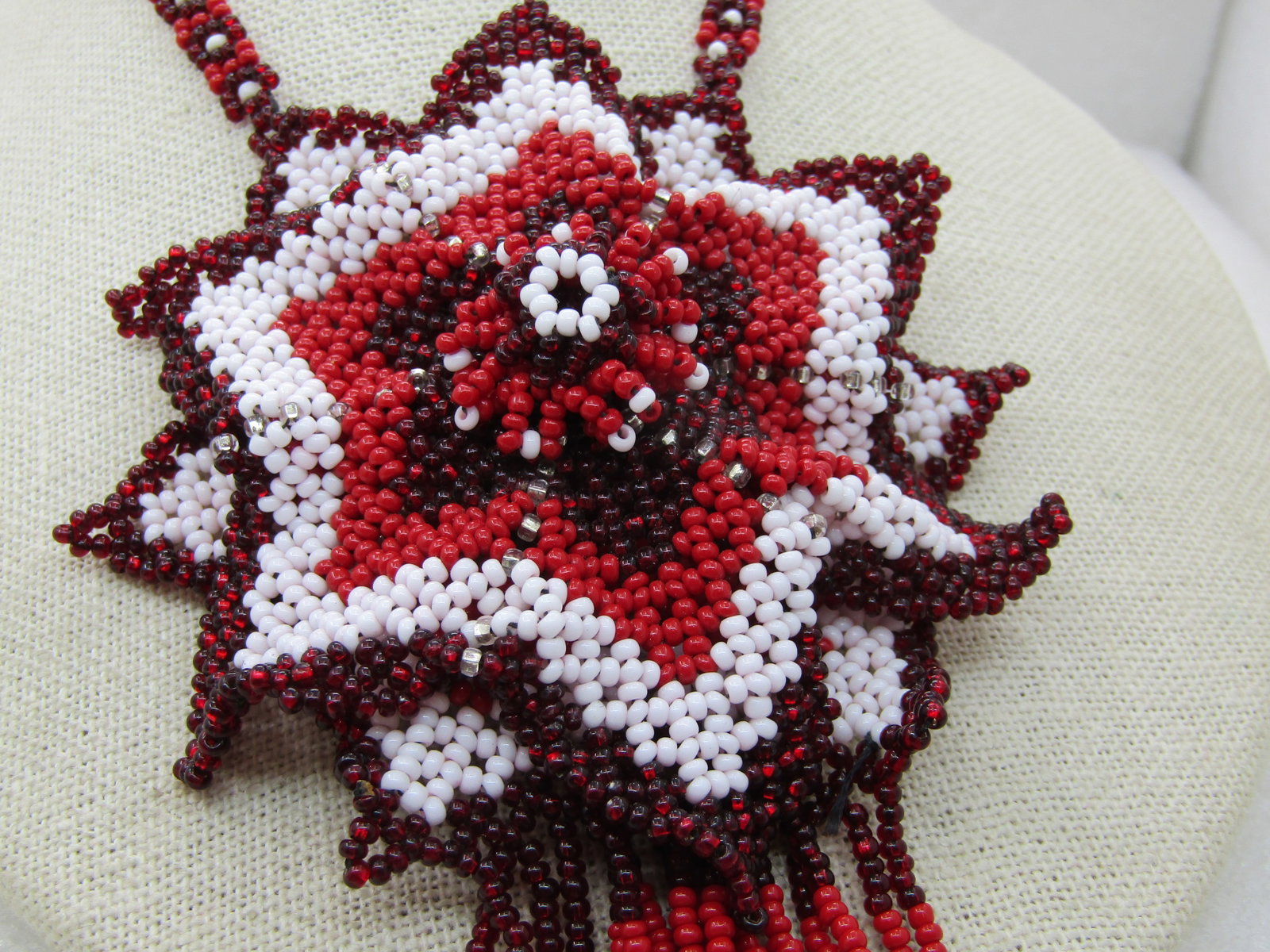 Vintage Southwestern Red & White Seed Beaded Necklace, Large Red Flower, 20" - 3