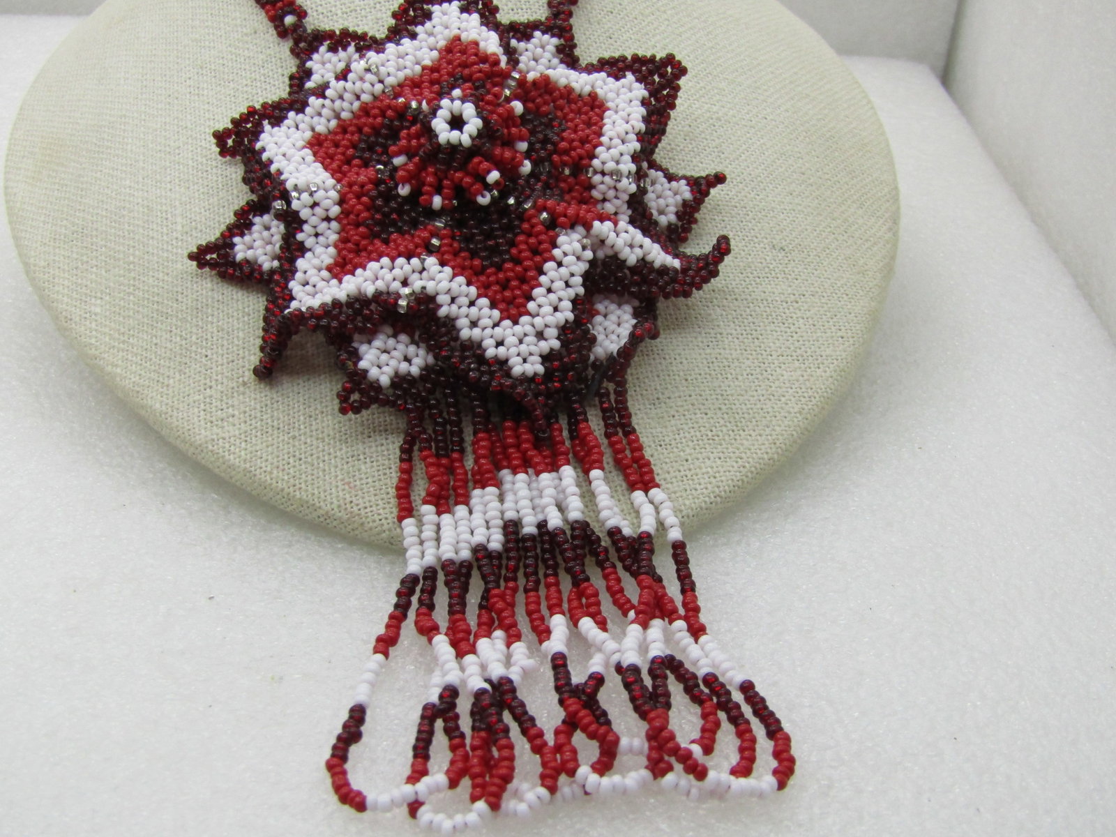 Vintage Southwestern Red & White Seed Beaded Necklace, Large Red Flower, 20" - 4