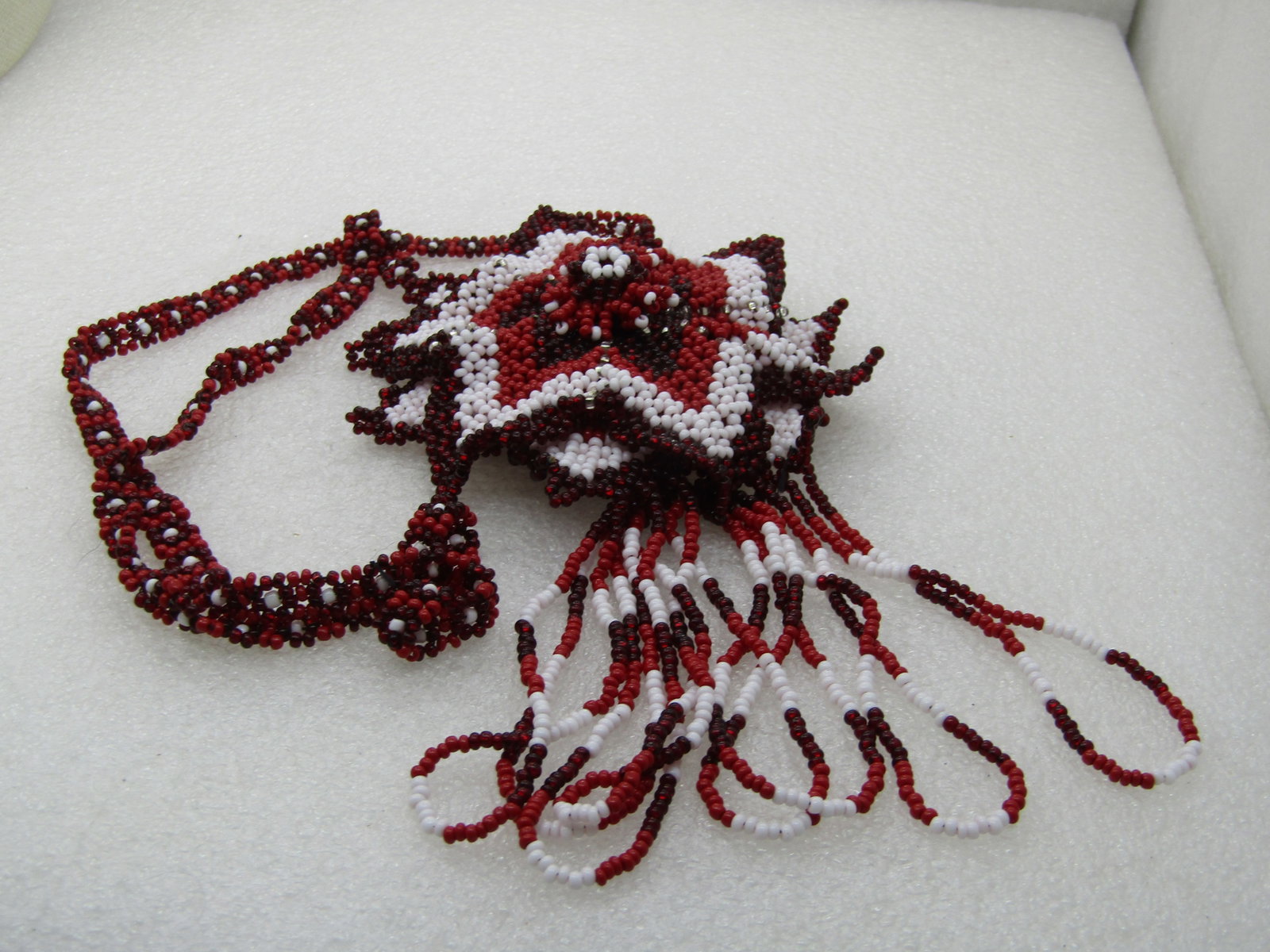 Vintage Southwestern Red & White Seed Beaded Necklace, Large Red Flower, 20" - 5