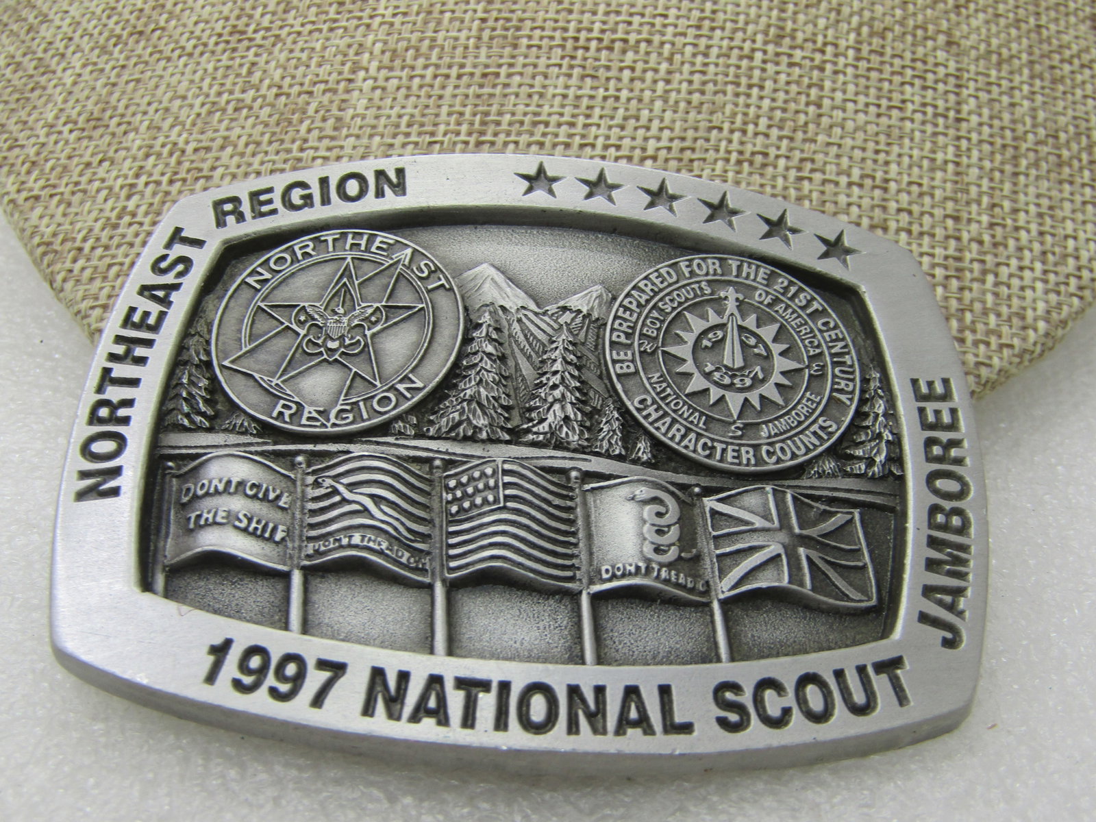 1997 BSA National Scout Jamboree Pewter Belt Buckle, No. 176: 1997 BSA National Scout Jamboree Pewter Belt Buckle, No. 176, July 28 to August 6, 1997, 3-1/8" by 2.5", Not worn. Very good, new condition. (INV. BON. SS2760 LEB LD 10/5/20). Reserve: $30.00 Shipping