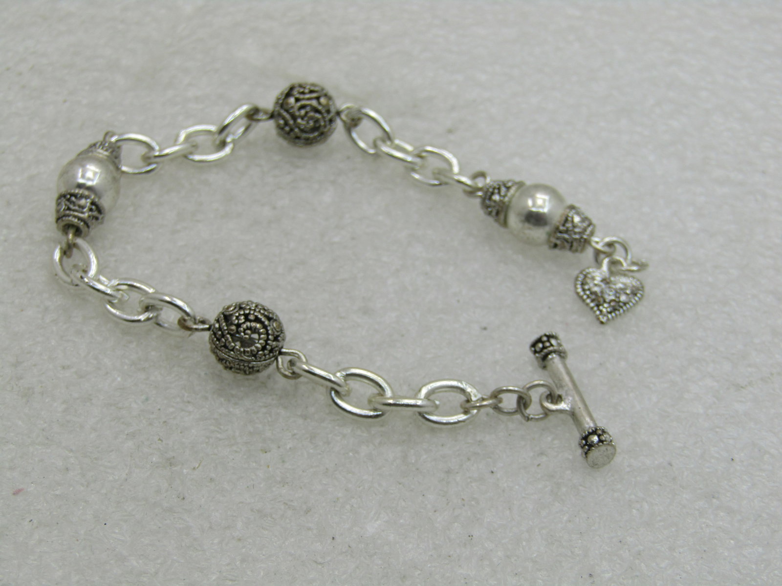 Silver Beaded Bracelet Rhinestone Heart Charm at Toggle Clasp, 7" - 2