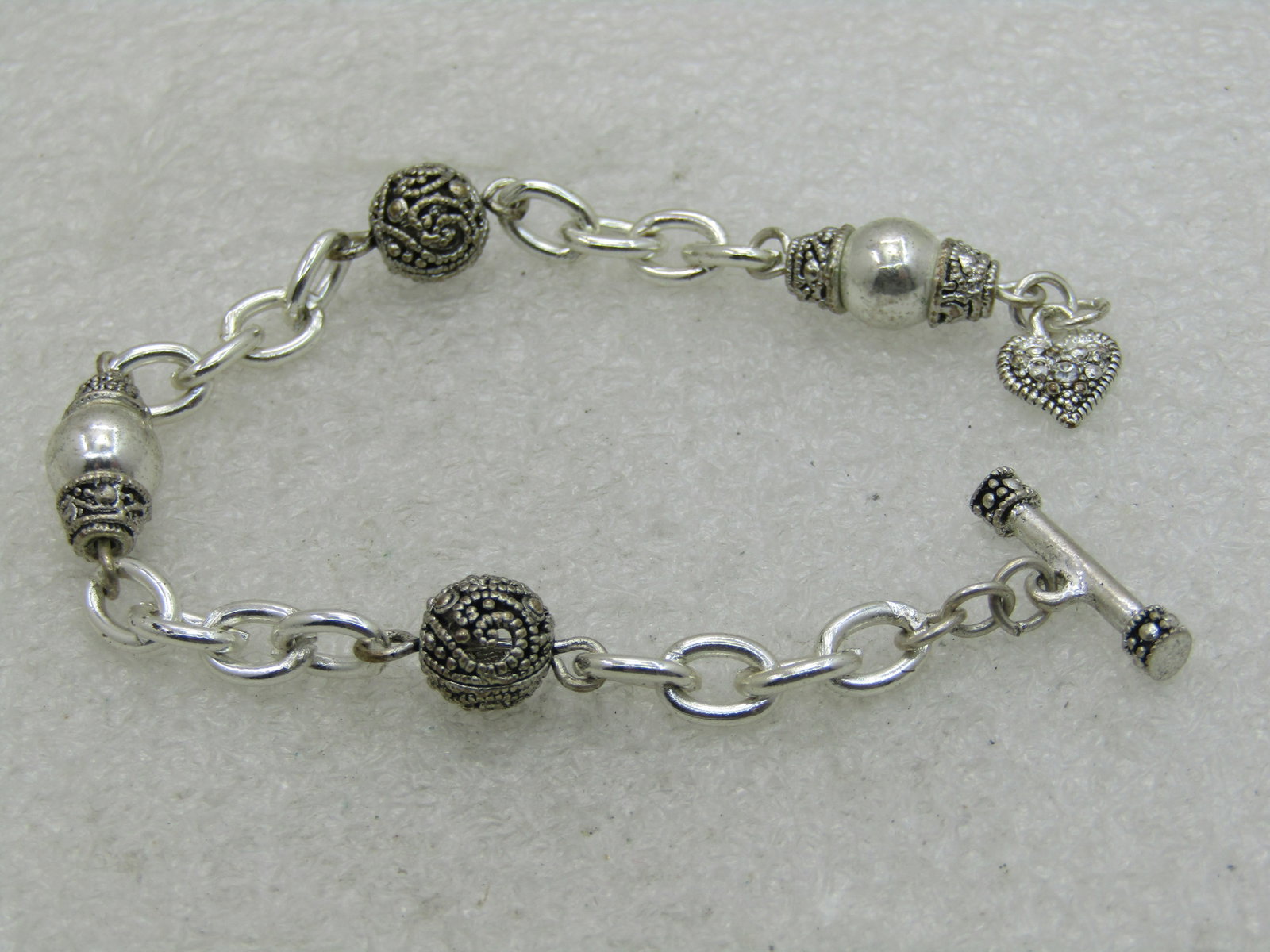 Silver Beaded Bracelet Rhinestone Heart Charm at Toggle Clasp, 7" - 3